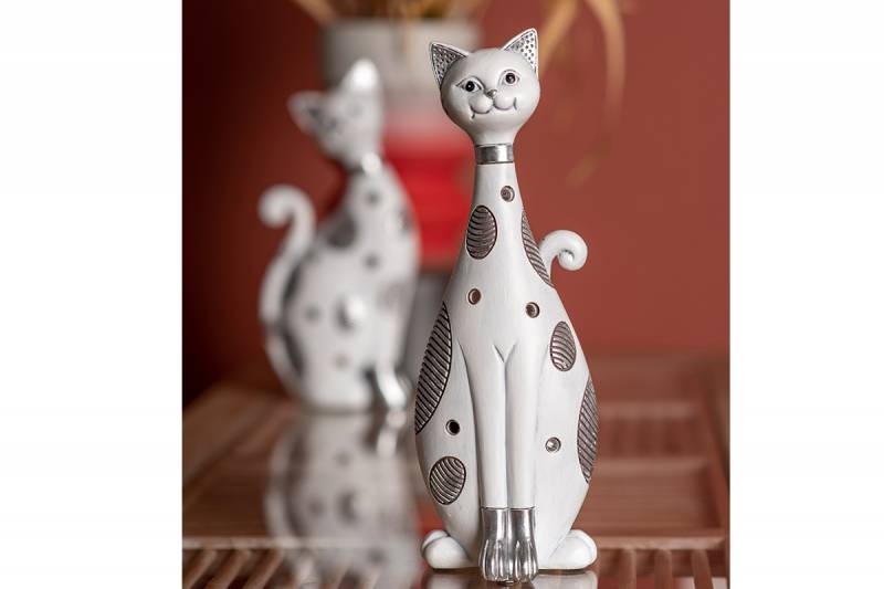 chat en résine blanc et argent